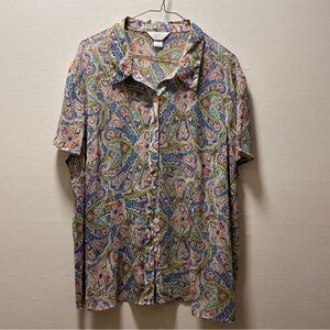 CJ Banks Chic Coastal Grandma Sheer Short Sleeve Button Down Blouse, 2X, Pastels